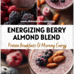 Glass of Berry Almond Protein Smoothie with almonds, berries, and creamy texture beside frozen fruit.
